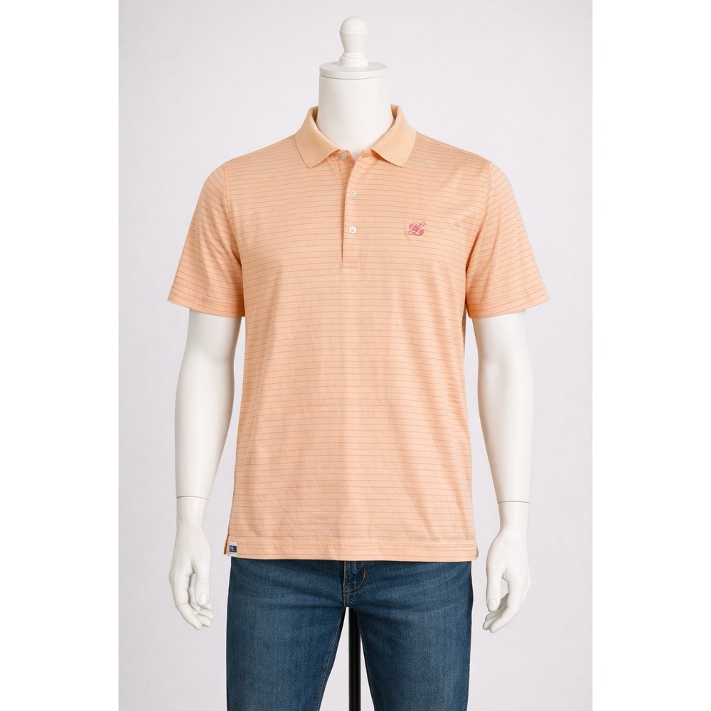 Peter Millar Polo Shirt Mens Large Pink Orange Striped Cotton‎ Golf Classic Logo